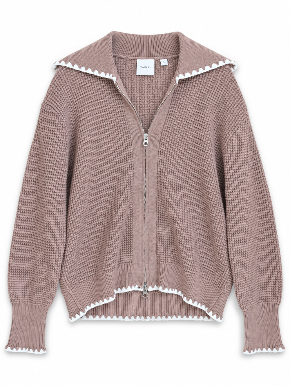 Varley Sibley Soft Knit Jacket Womens S Taupe Brown Scallop Trim Full Zip NWT
